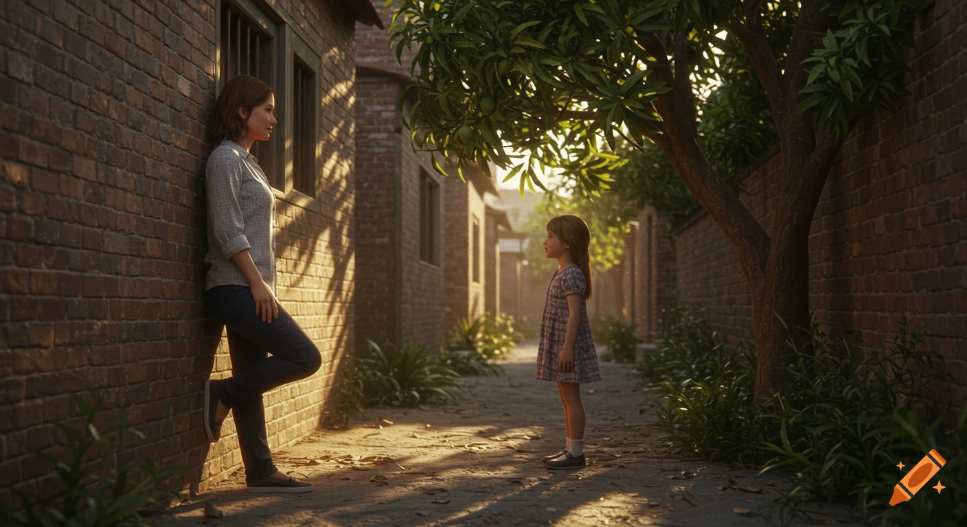 Photorealistic image of a woman and girl in a sun-drenched alley with a mango tree, evoking a nostalgic mood.