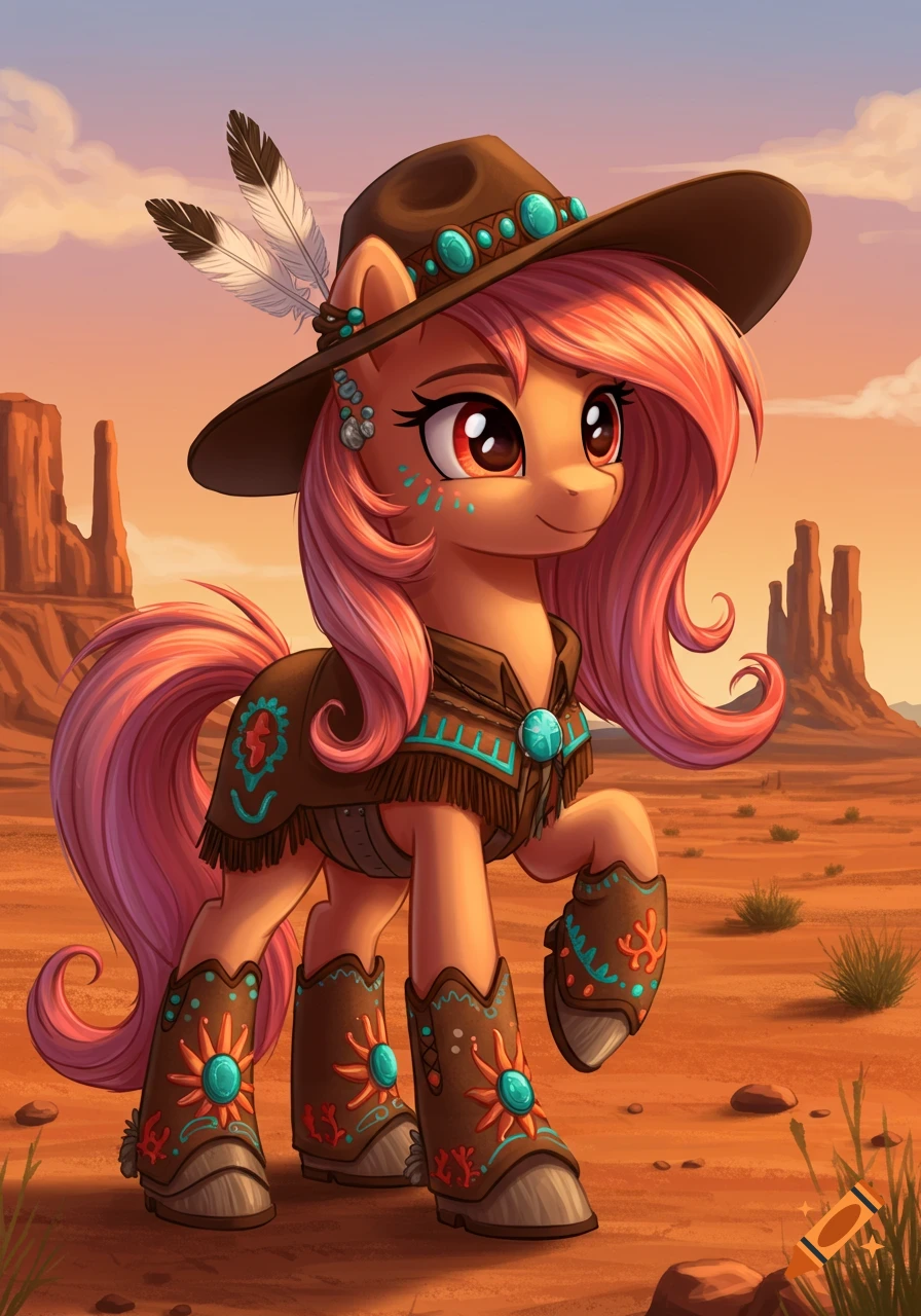 Cartoon My Little Pony character with pink hair, wearing a brown cowboy hat, fringed vest, and boots in a desert landscape.