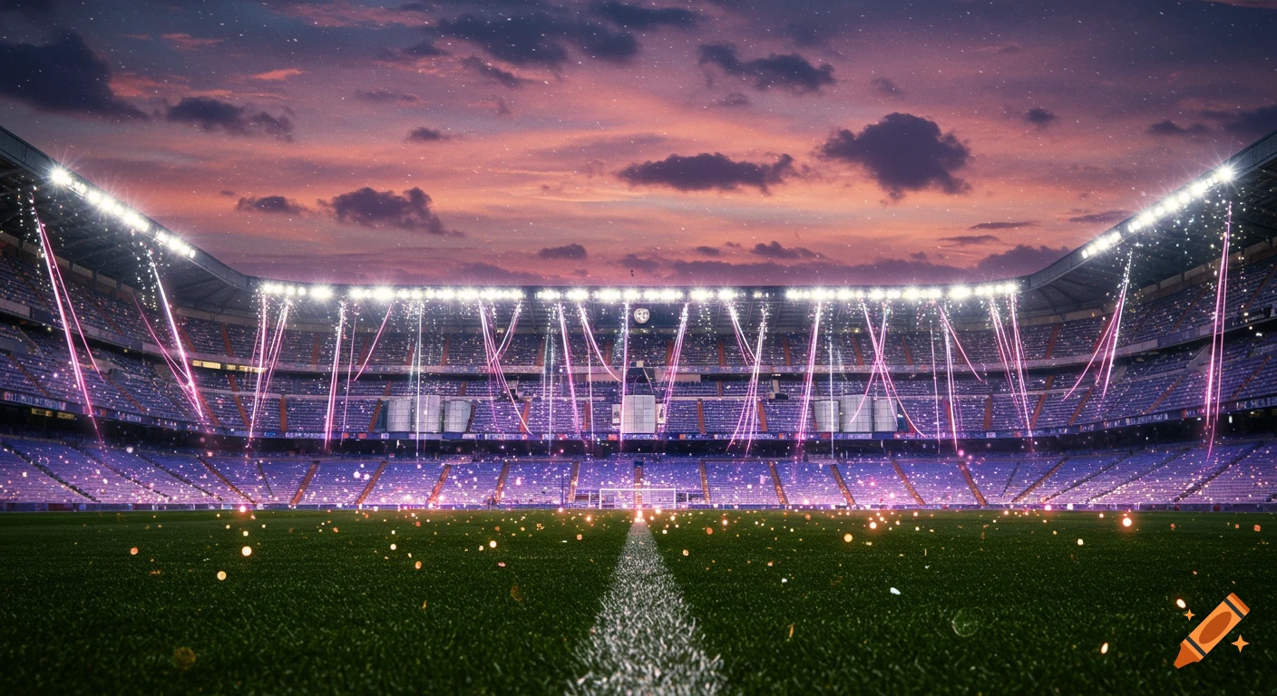 A fantasy stadium at sunset with glowing pink lights, a purple sky, and magical specks on the green field.