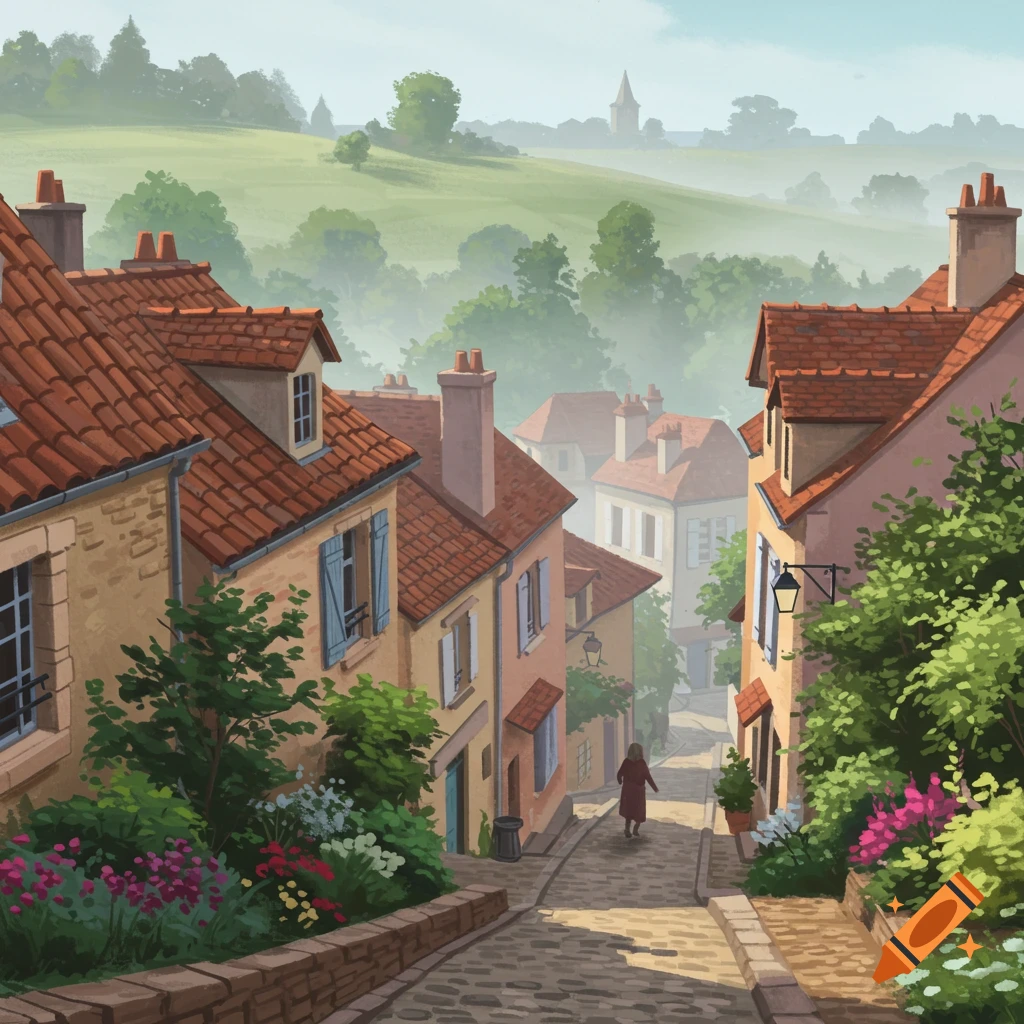 Illustration of a quaint European village street. Red-tiled houses, colorful flowers, and a person walks downhill, with misty hills and a church spire in the distance.