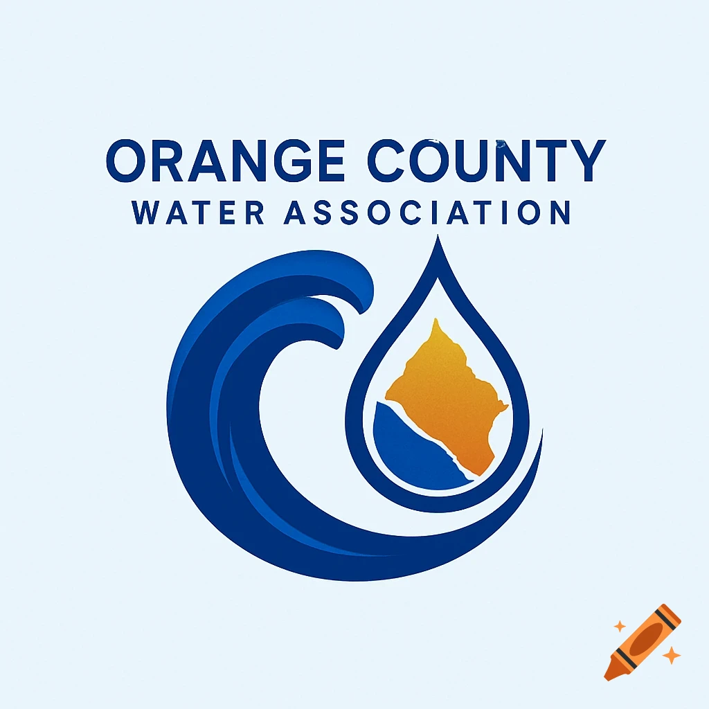 Orange County Water Association logo with a blue wave, water droplet, and an orange map shape.