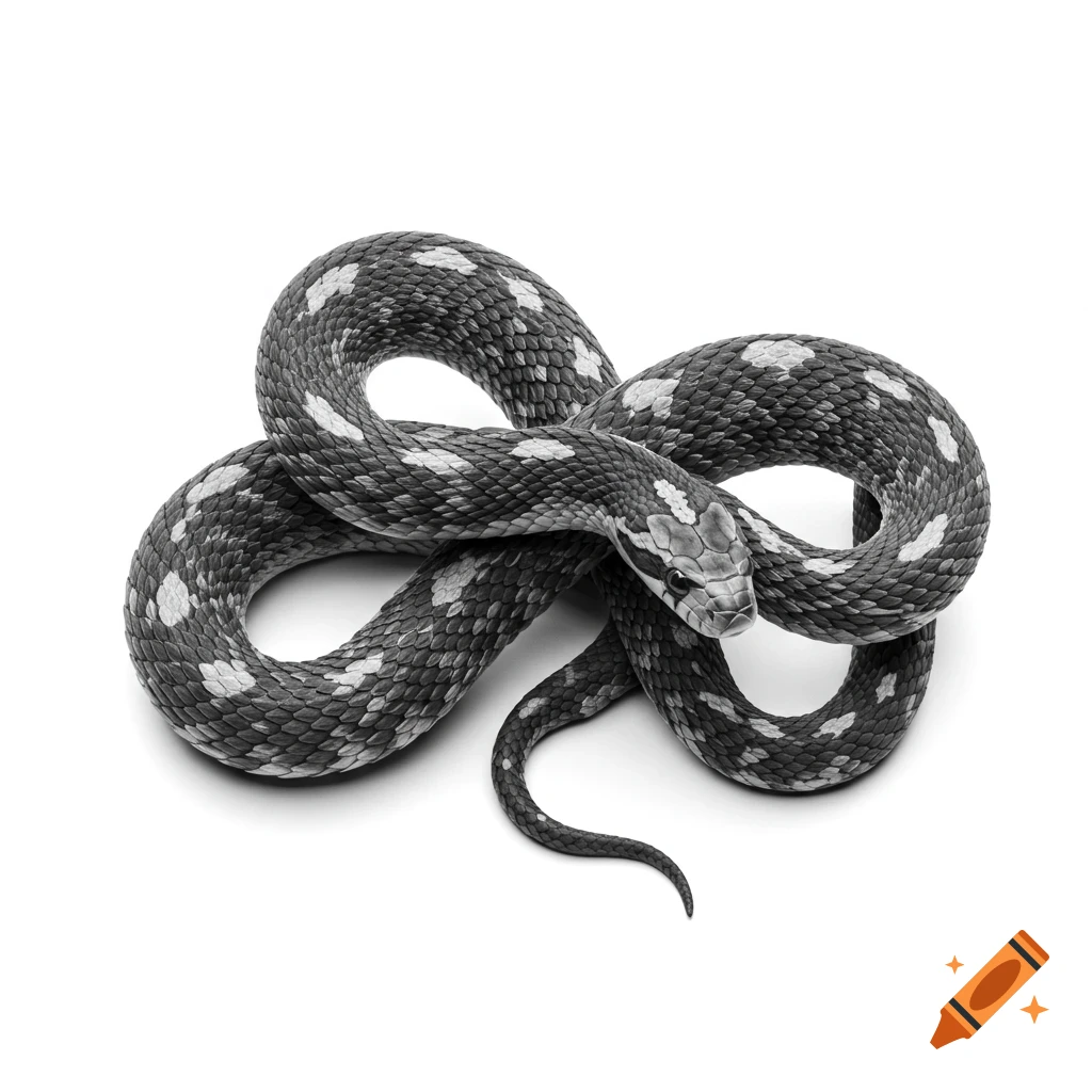 Black and white corn snake coiled on a white background.