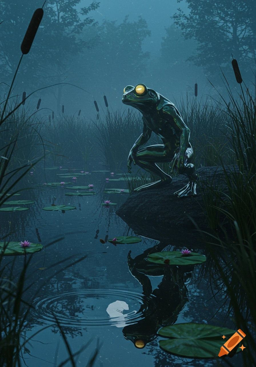 Metallic green frogman with glowing yellow eyes crouches on a rock in a misty, dark pond with lily pads and reeds.