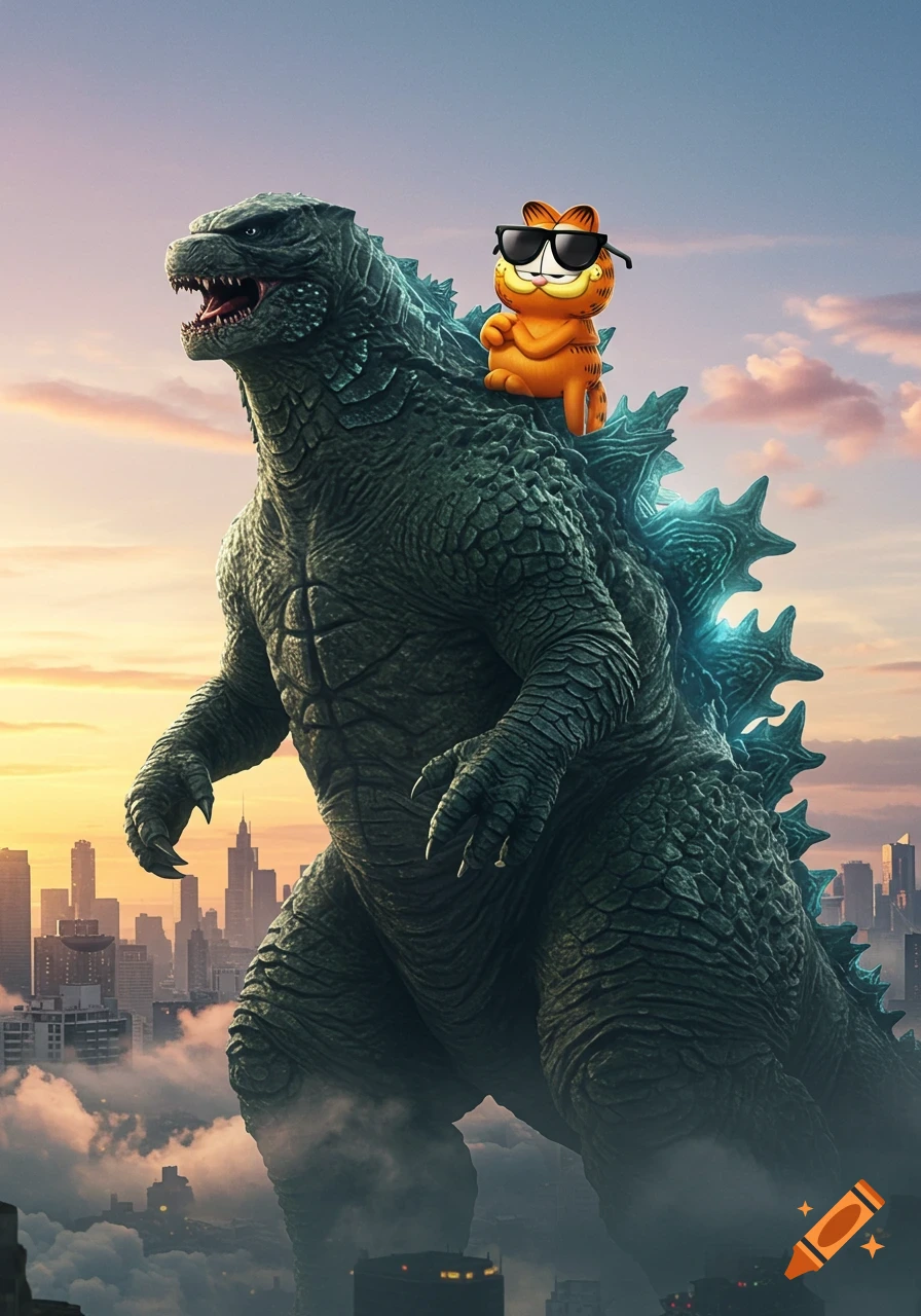 Garfield wearing sunglasses rides on Godzilla's back above a city skyline at sunset, with mist among skyscrapers.