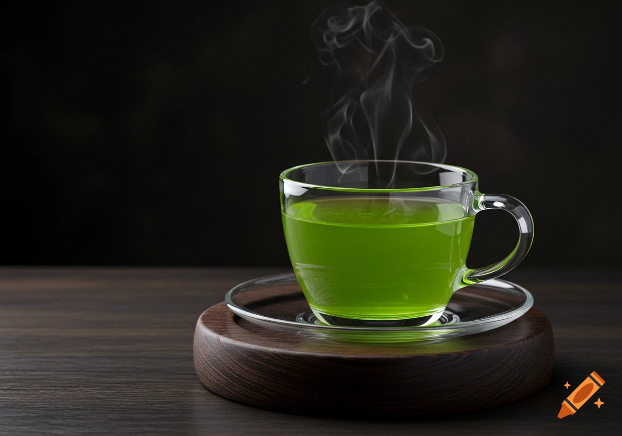 Photorealistic image of a steaming glass teacup filled with vibrant green tea, on a clear saucer and dark wooden surface.