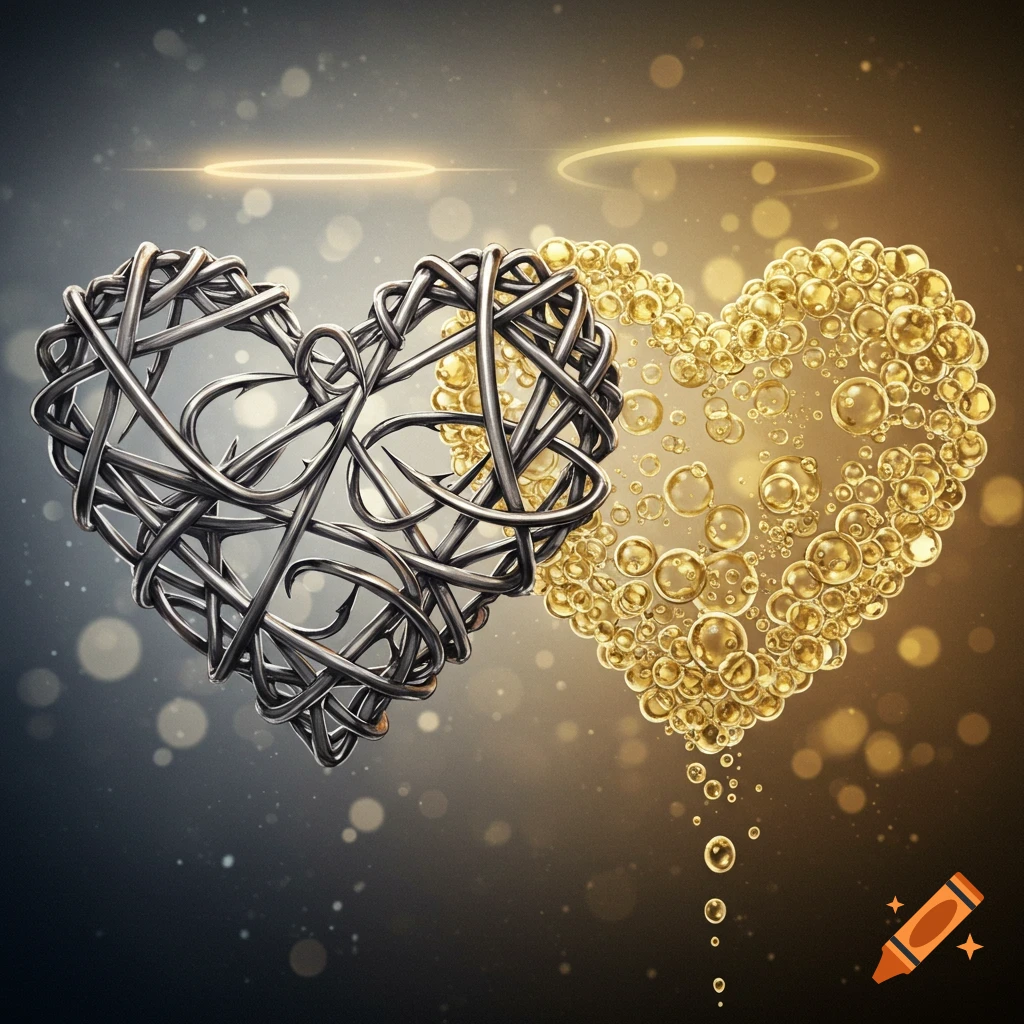 Two hearts, one intricately formed from tangled fishing hooks, the other from shimmering golden champagne bubbles, against a dark, glowing background.