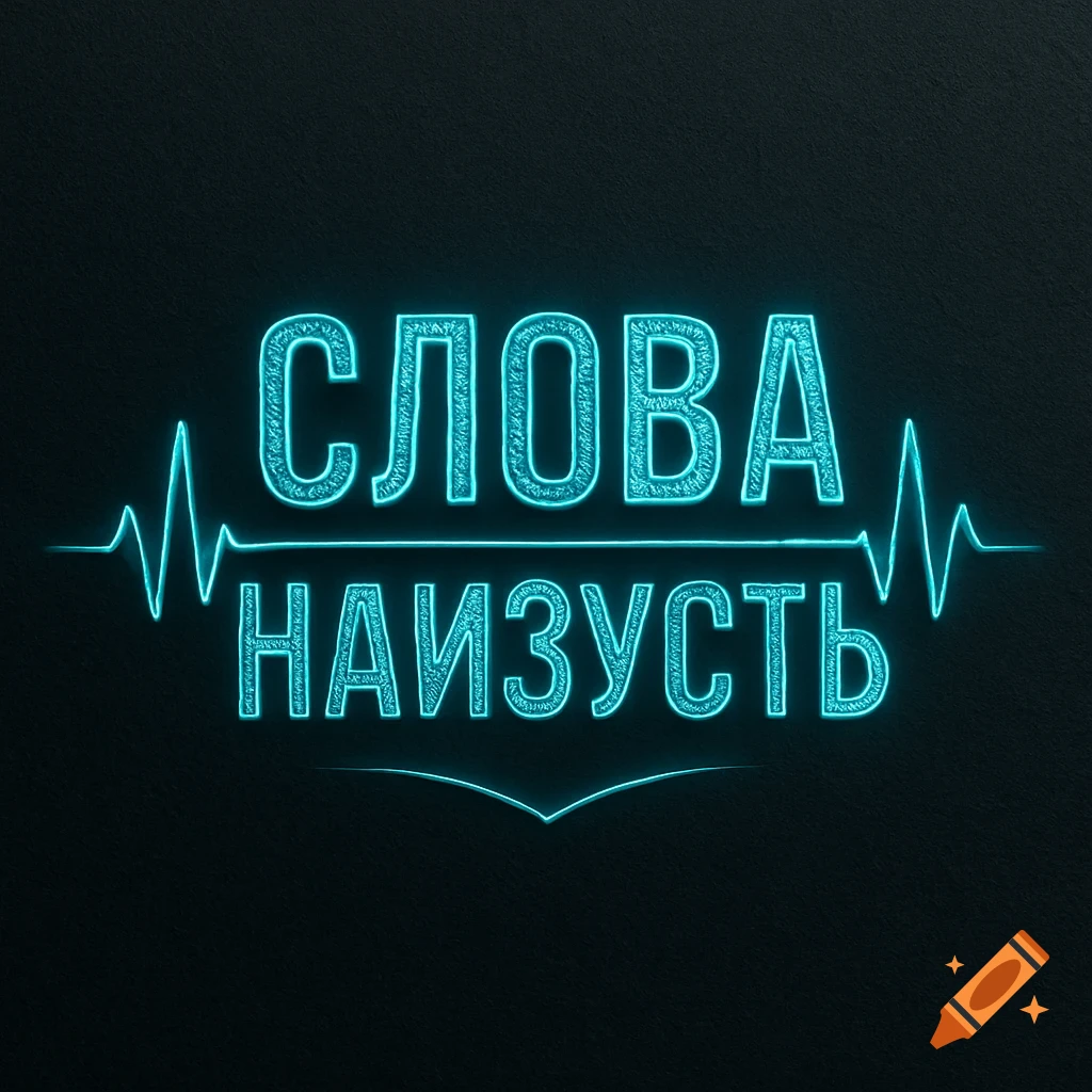 Neon blue Russian text "СЛОВА НАИЗУСТЬ" with an ECG line and a heart shape on a dark textured background.