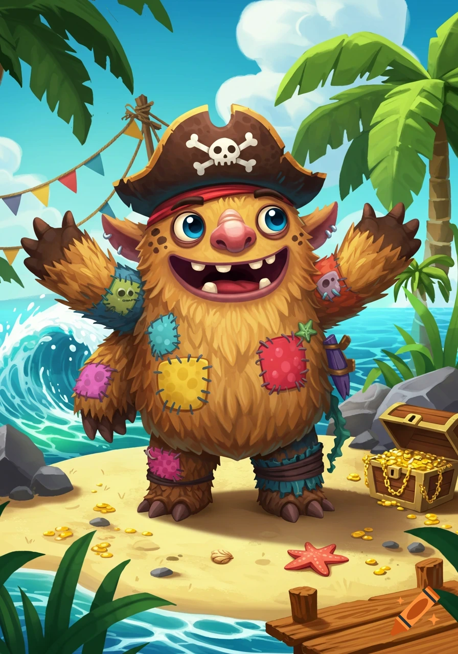 A cute, furry brown monster pirate with colorful patches smiles on a tropical beach with a treasure chest.