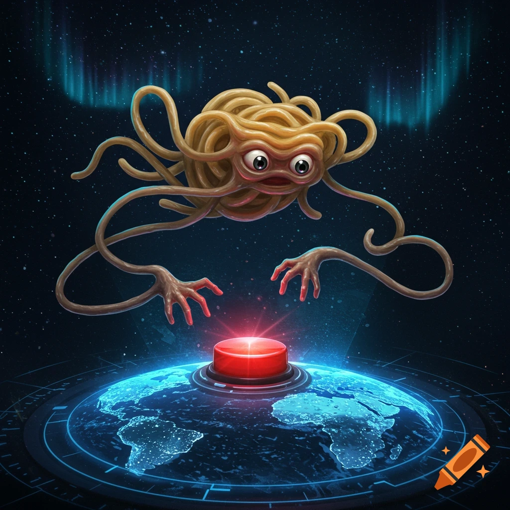 A cartoon flying spaghetti monster with large eyes hovers over a glowing red button on a holographic Earth in space.