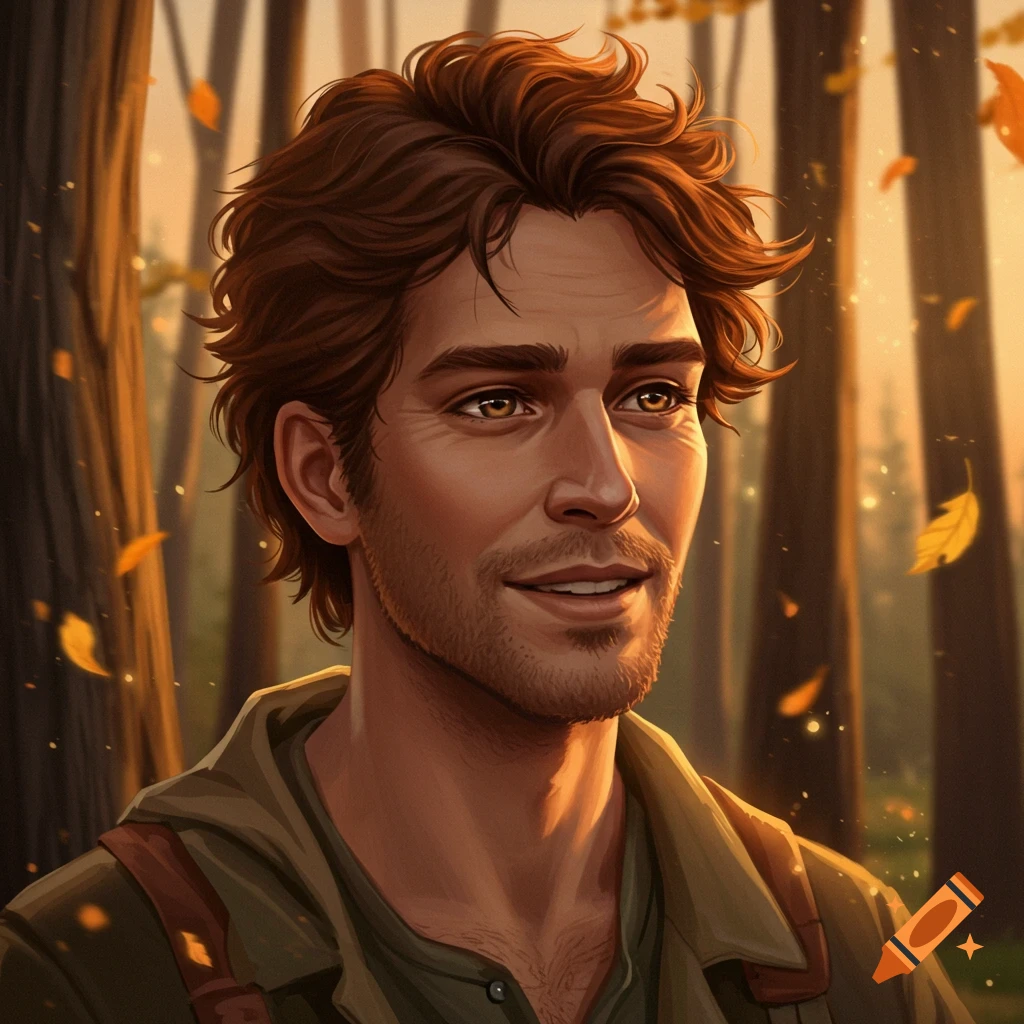 Stylized illustration of a smiling man with messy brown hair and hazel eyes in a warm forest with falling leaves.
