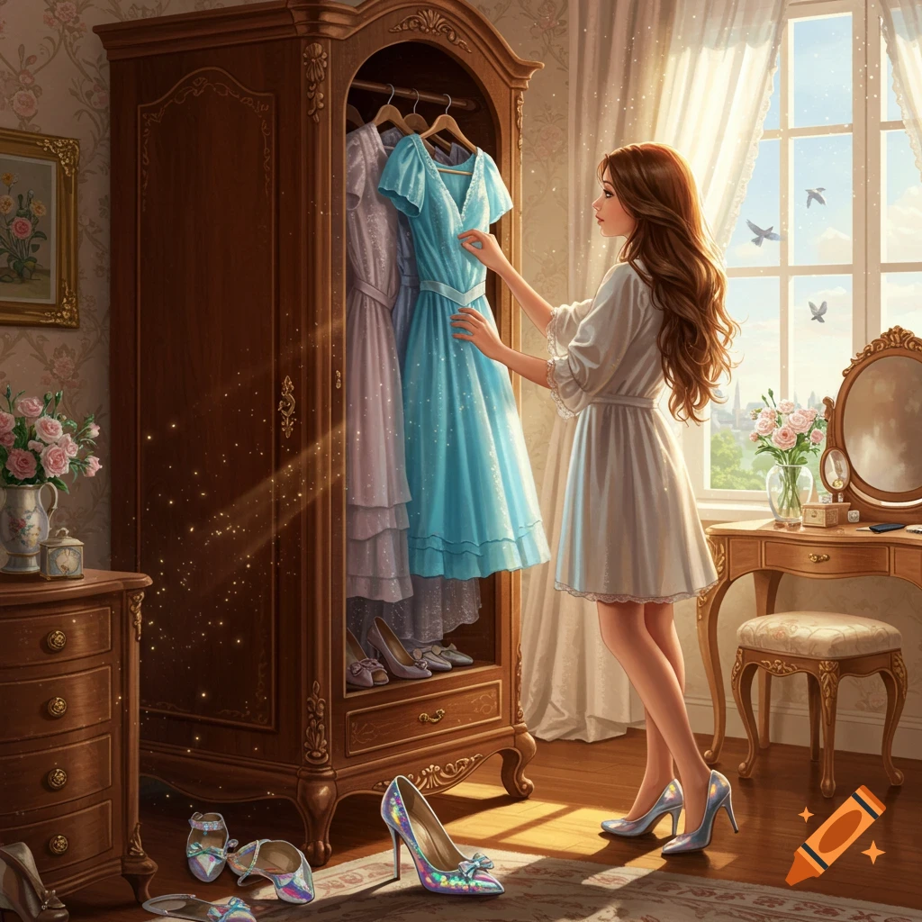 Brown-haired girl in a white robe chooses a sparkling blue dress from a magical wardrobe in a sunlit bedroom, with fancy shoes on the floor.