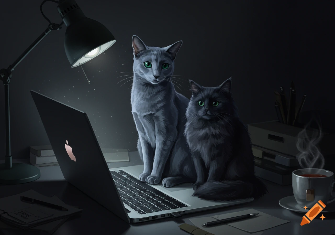 A grey Russian Blue cat and a fluffy black cat with green eyes sit on a laptop keyboard at a dark desk, lit by a desk lamp, next to a steaming cup of tea. Digital art style.