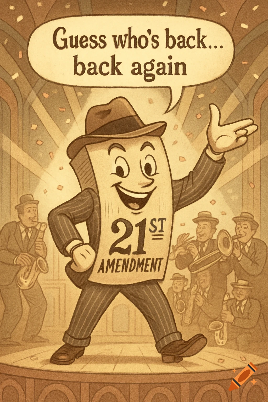 Cartoon of the 21st Amendment character on stage with musicians, saying  \, image size:1024x1536