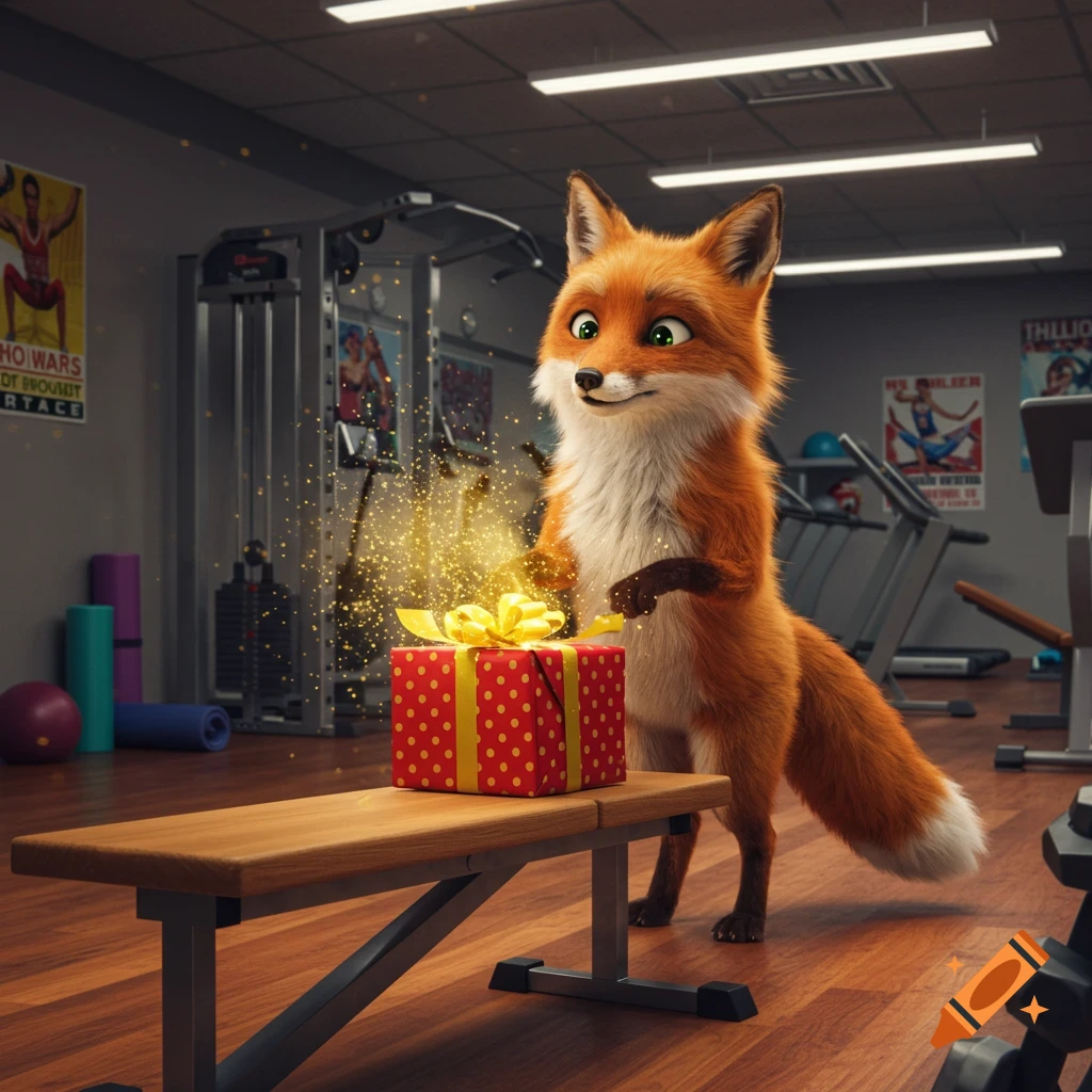 An animated fox with green eyes stands in a gym, opening a glowing red present on a wooden bench.