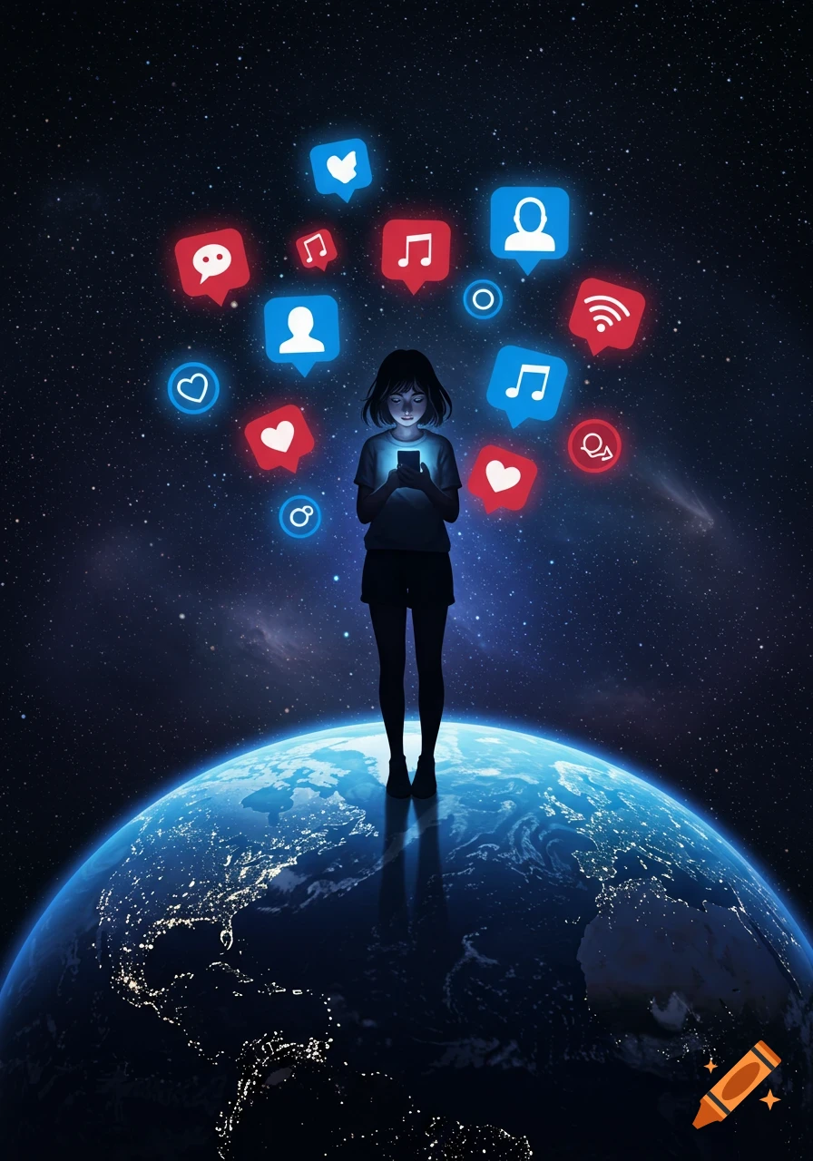 An anime-style girl stands on Earth, gazing at her phone as glowing social media icons float around her in space.