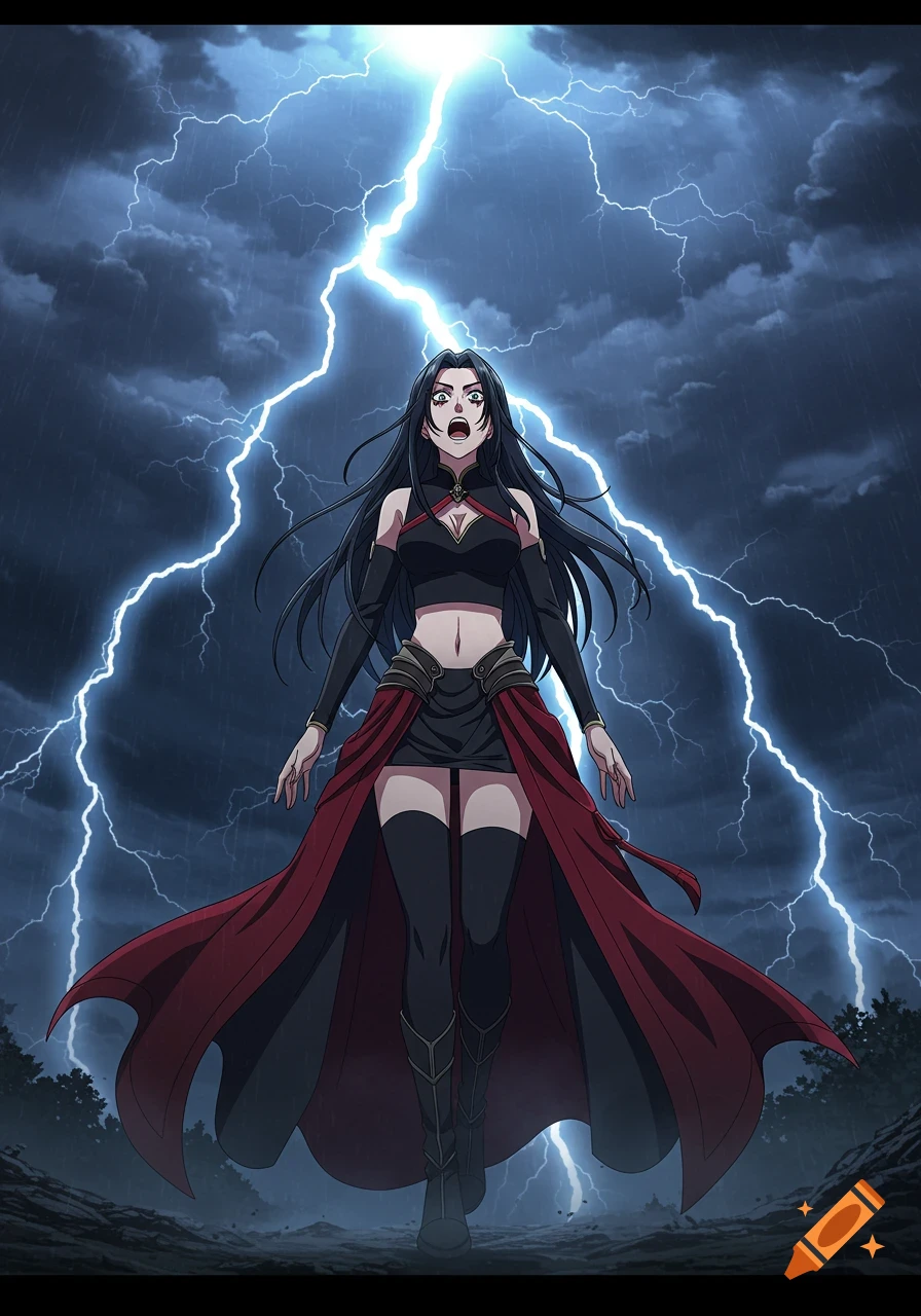 Anime woman with long black hair, black crop top, and red dress, screaming under a stormy sky with bright lightning.