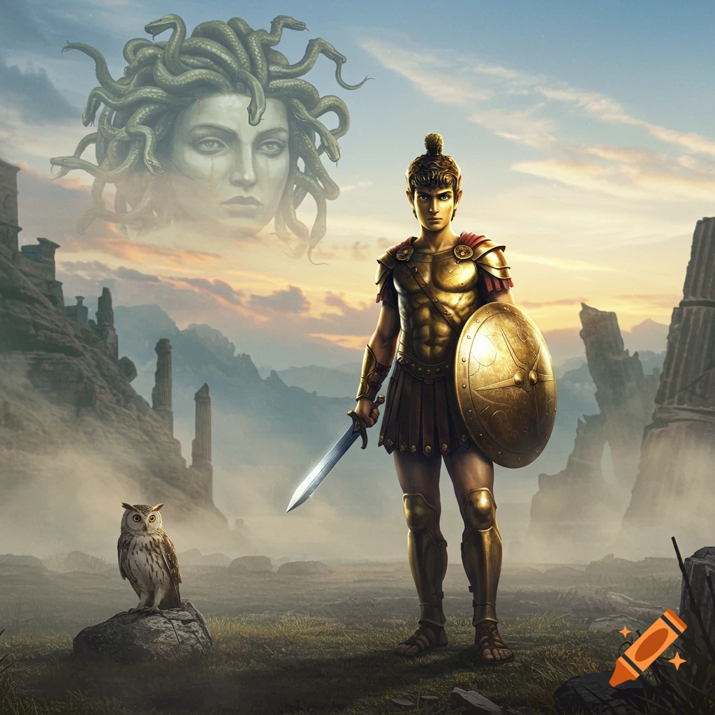Perseus in golden armor with a sword and shield stands before Medusa's ghostly head in a sunset sky above ancient ruins, an owl nearby.