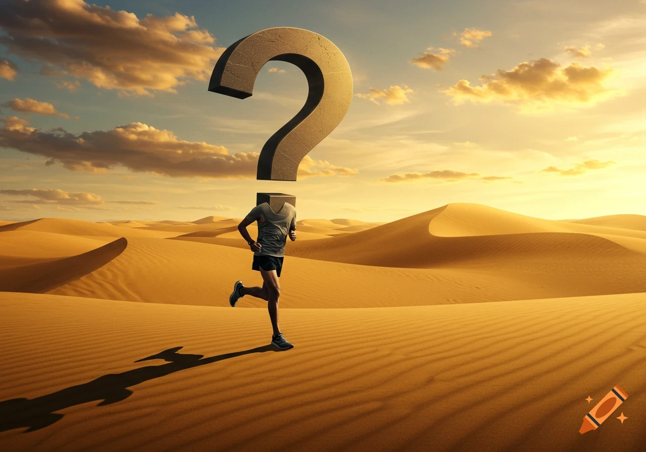 A person with a large question mark instead of a head runs across a vast, golden desert under a cloudy sky.