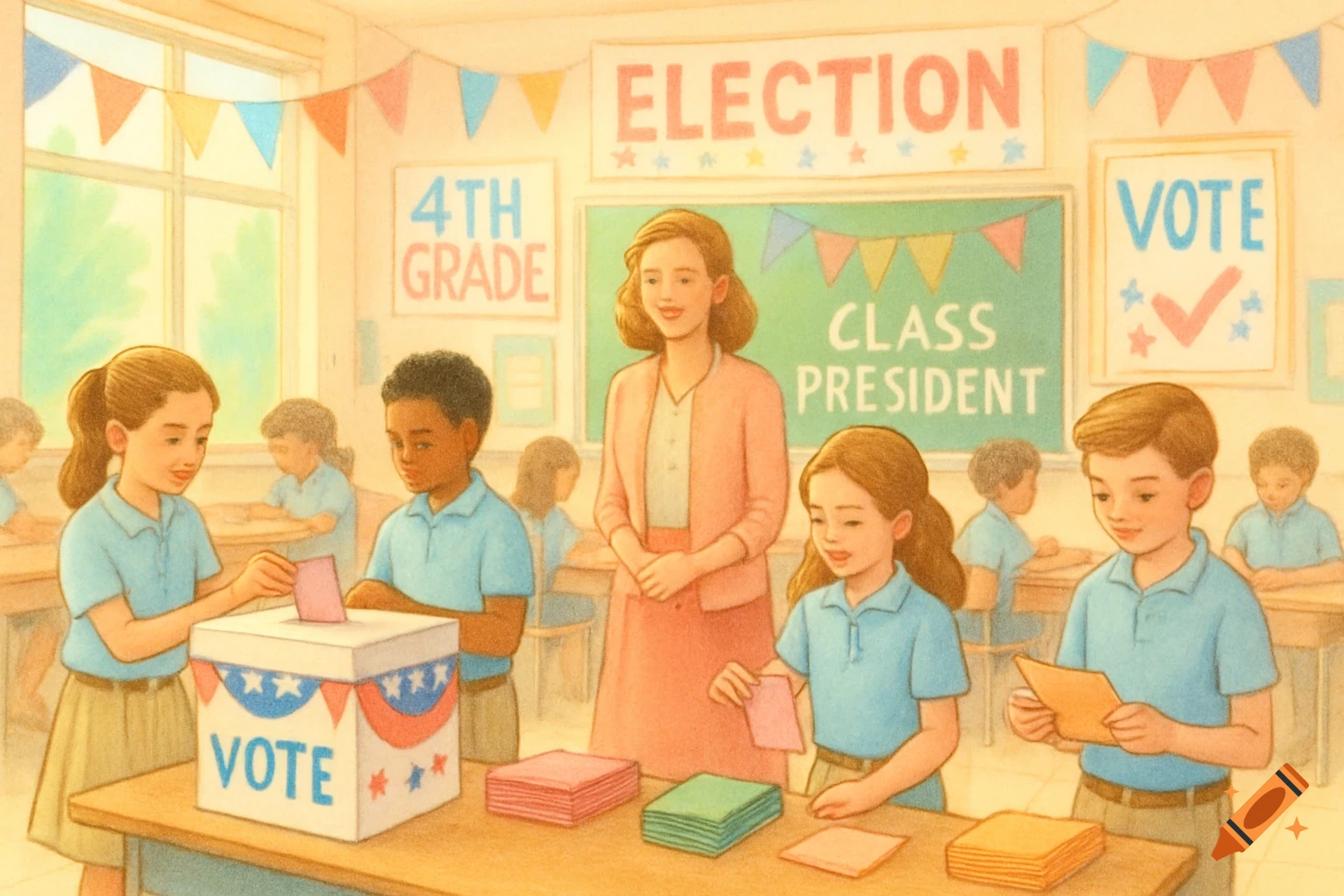 Illustration of children voting in a 4th-grade classroom election, with a teacher observing. Signs read "ELECTION," "4TH GRADE," "CLASS PRESIDENT," and "VOTE."