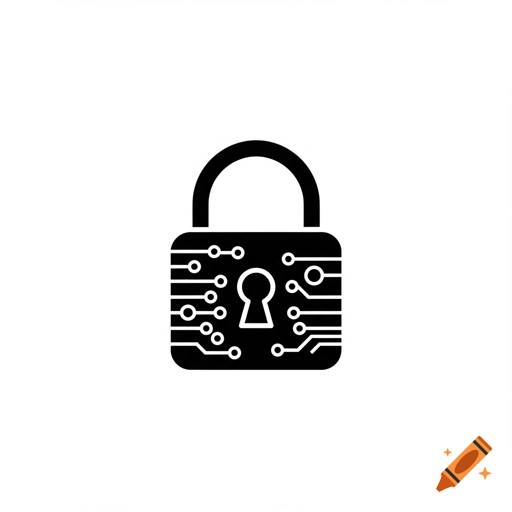 Black icon of a padlock with circuit board lines on a white background, symbolizing cybersecurity.