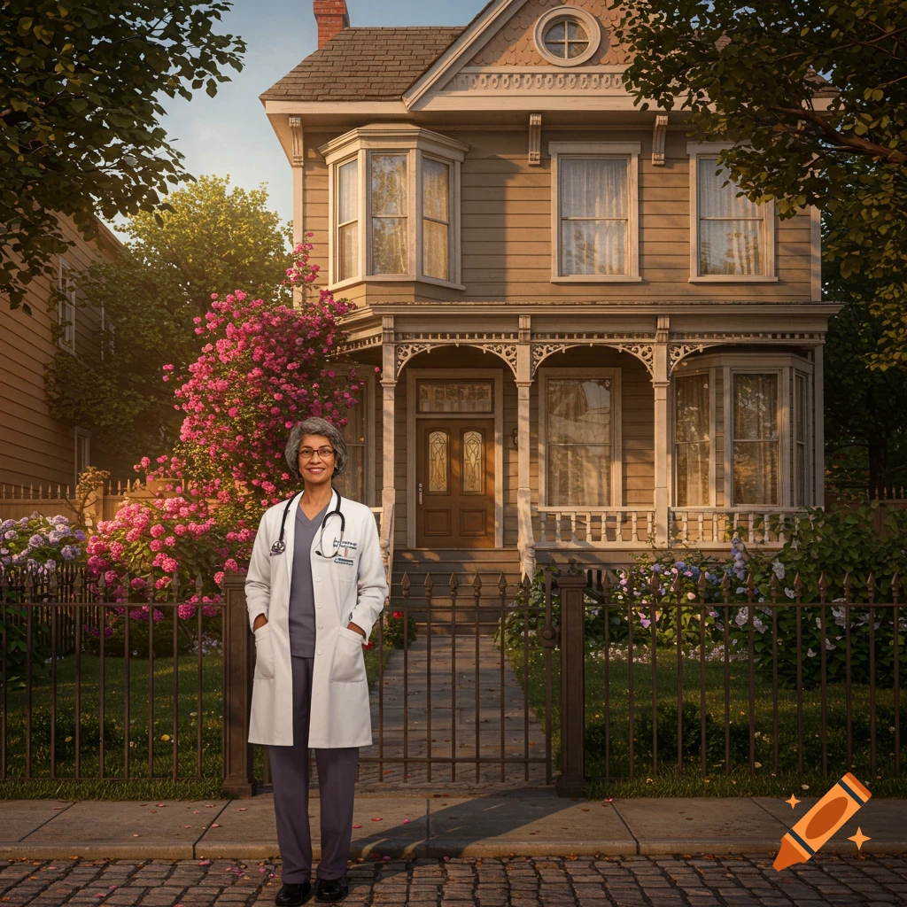 A smiling female doctor stands in front of a beautiful, old Victorian house with blooming flowers.
