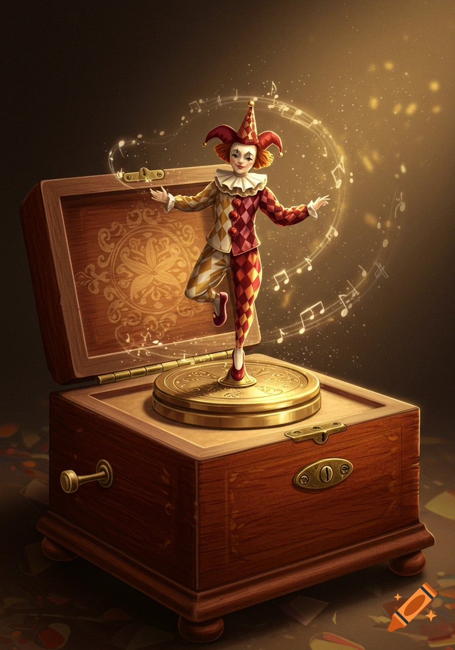A whimsical jester clown dances atop an open antique wooden music box with golden accents and glowing musical notes.