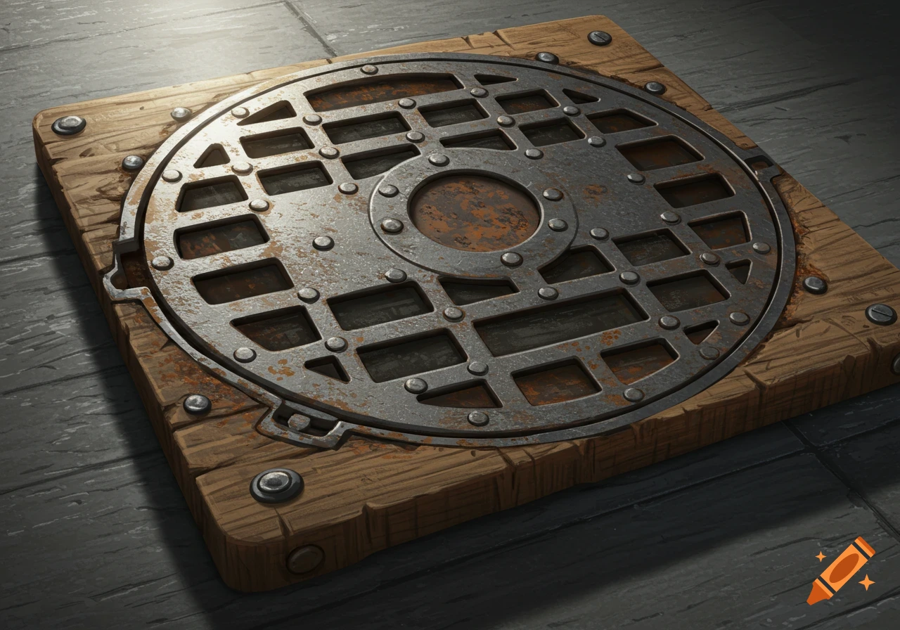 A rustic wooden cutting board with a round, rusty metal manhole grate design embedded in its center.