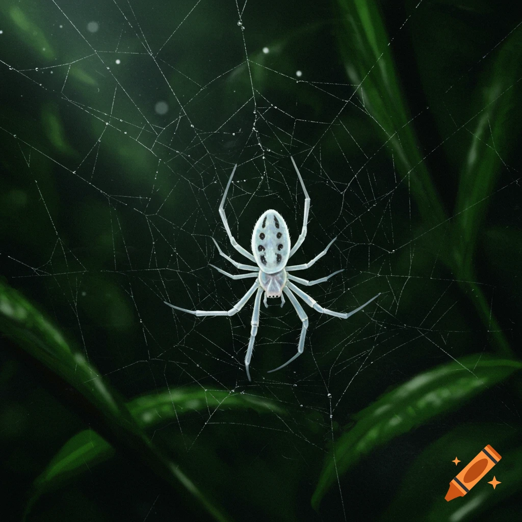 A ghost-white spider with black spots sits centered on its dewy web, surrounded by dark green foliage.