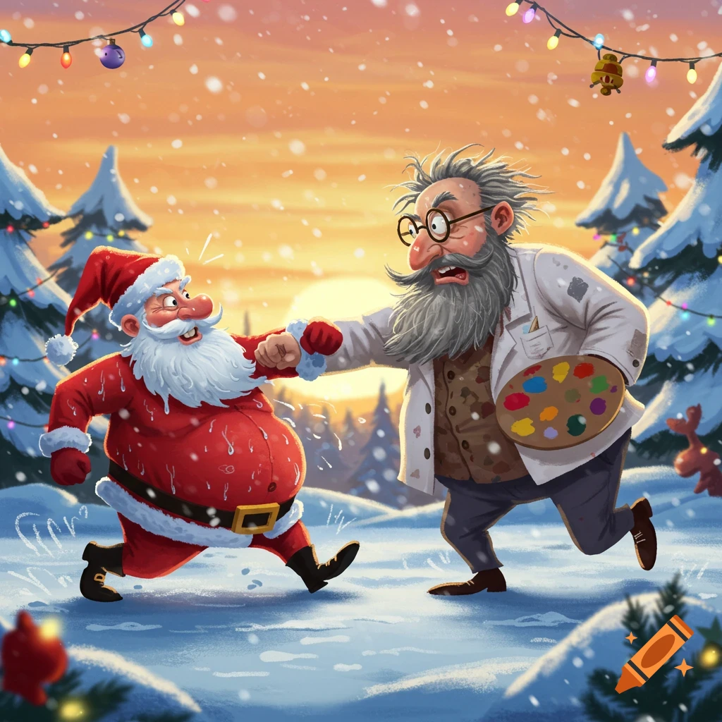 Cartoon illustration of a moist Santa Claus punching a grey-bearded art teacher in a snowy Christmas landscape.