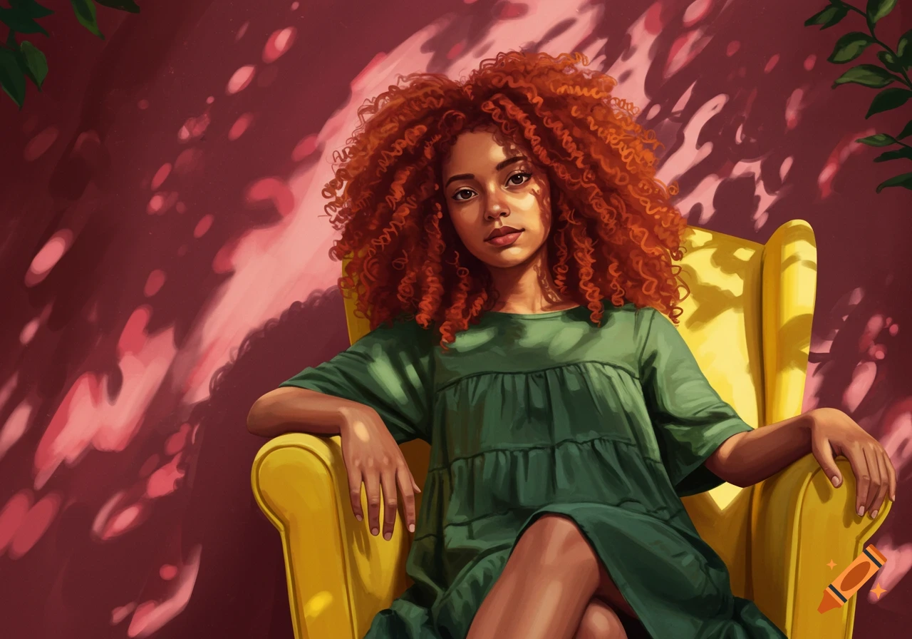 Illustrated portrait of a woman with red curly hair in a green dress, sitting in a yellow chair against a pink wall with dappled sunlight.