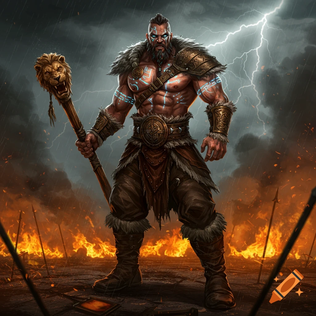 Muscular barbarian warrior with glowing rune tattoos holds a lion-headed club on a fiery battlefield under stormy, lightning skies.