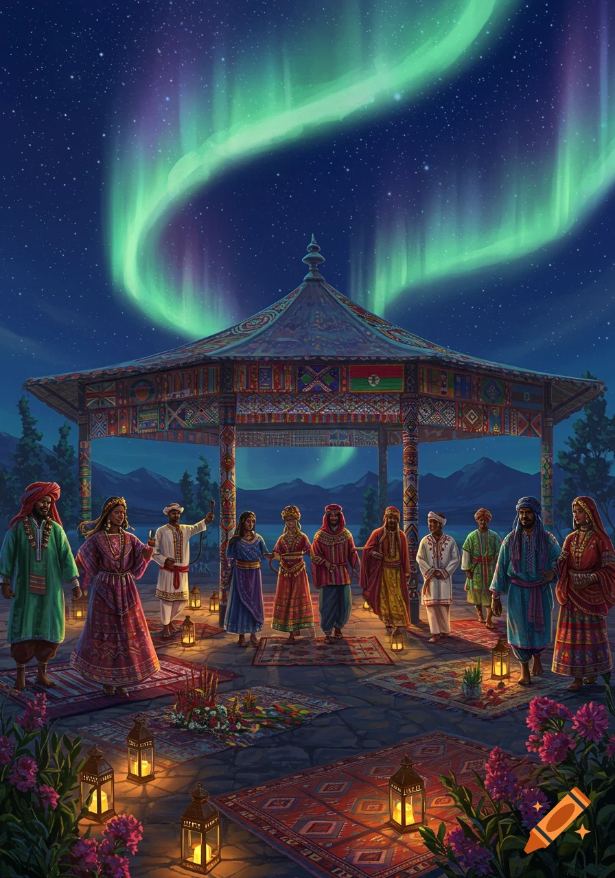 A diverse group in colorful traditional attire stands around an ornate gazebo under a vibrant green aurora borealis at night, with mountains in the background.