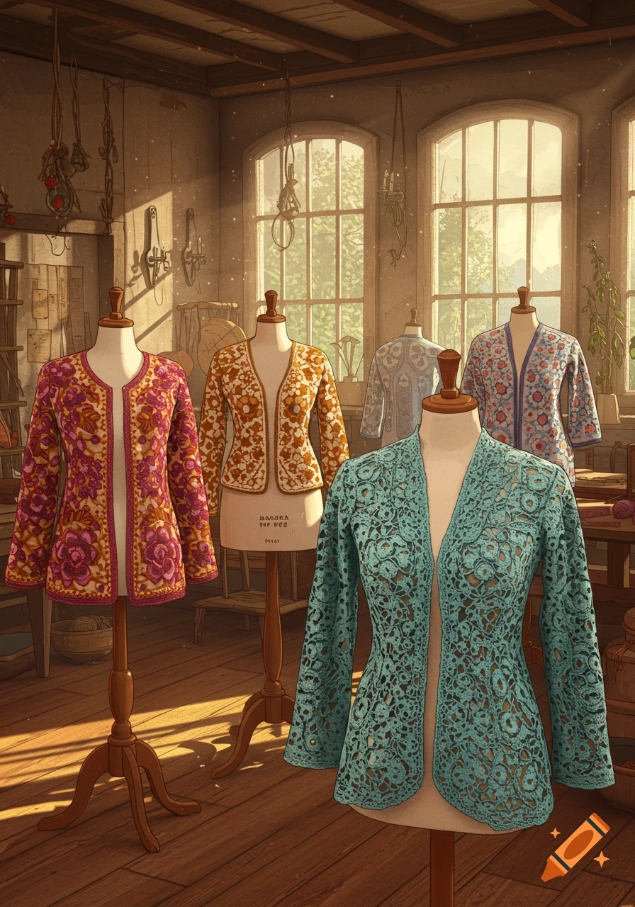 Five mannequins display colorful crocheted jackets in a sunlit tailor's workshop with large windows.