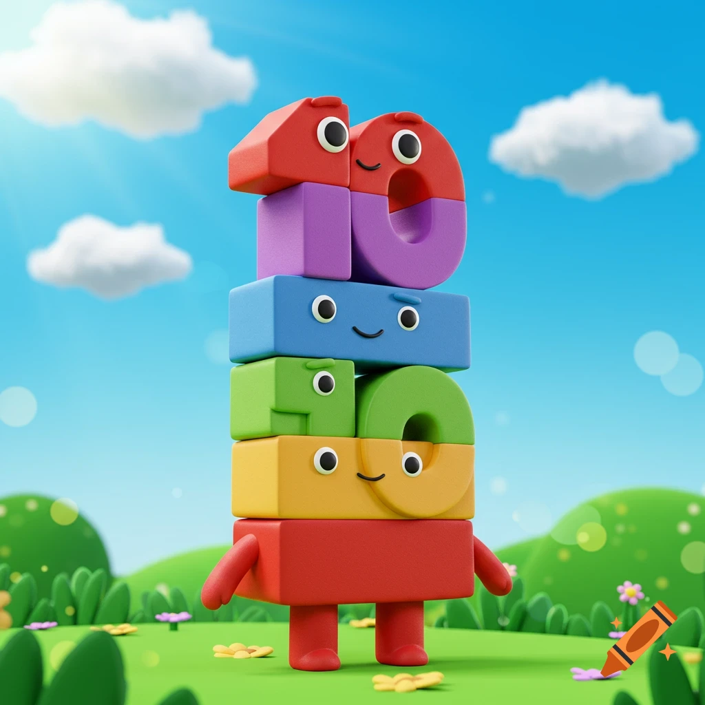 A stack of colorful, smiling number blocks, with '10' at the top, on a grassy hill under a blue sky.