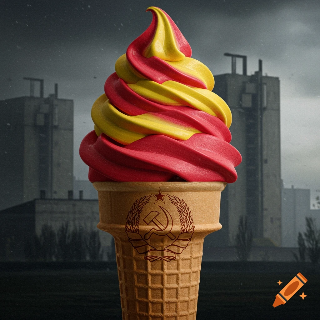 Photorealistic red and yellow swirl ice cream in a waffle cone with a hammer and sickle emblem, dark industrial background.