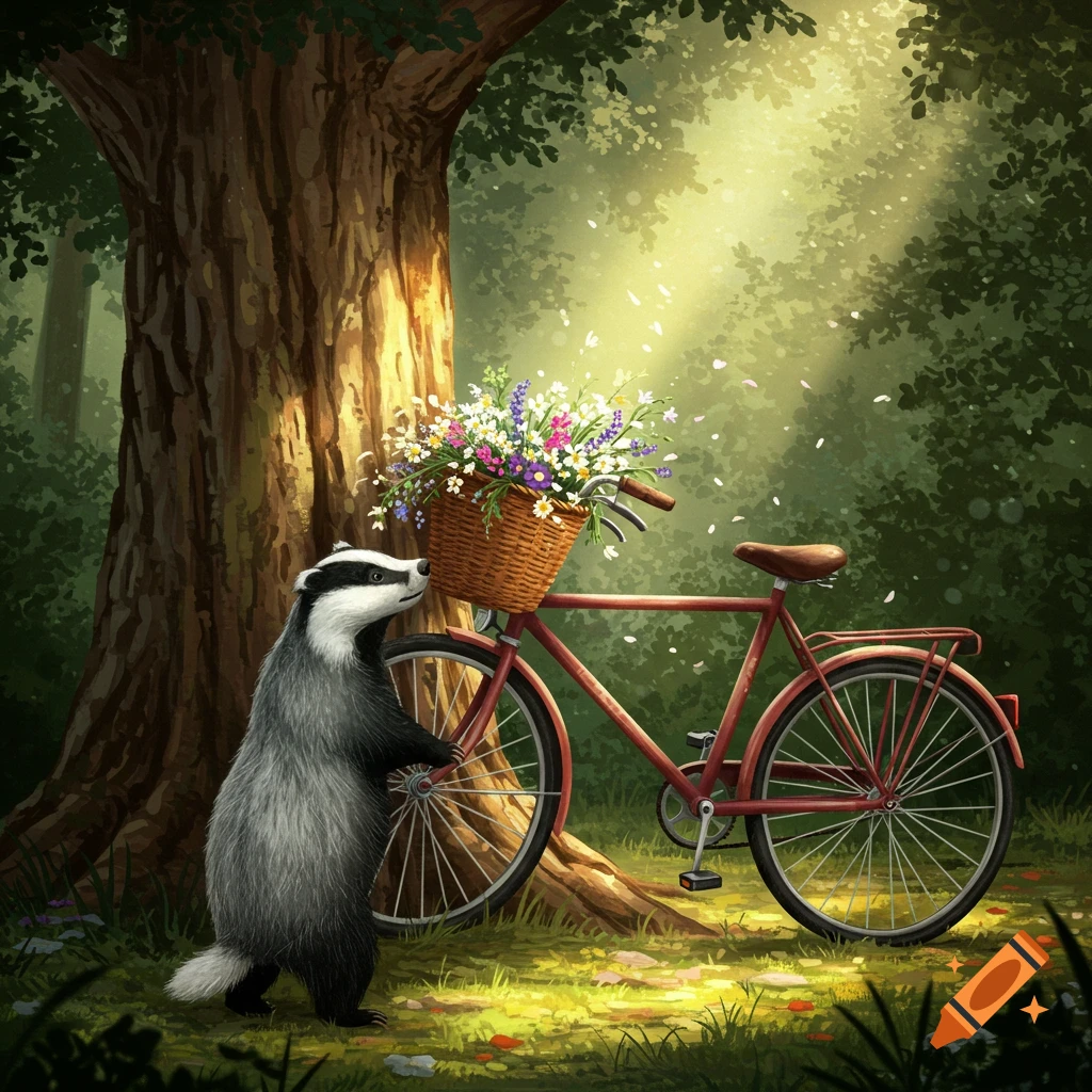 A cute badger stands next to a vintage bicycle with a basket of colorful flowers under a sunlit tree in a whimsical forest illustration.