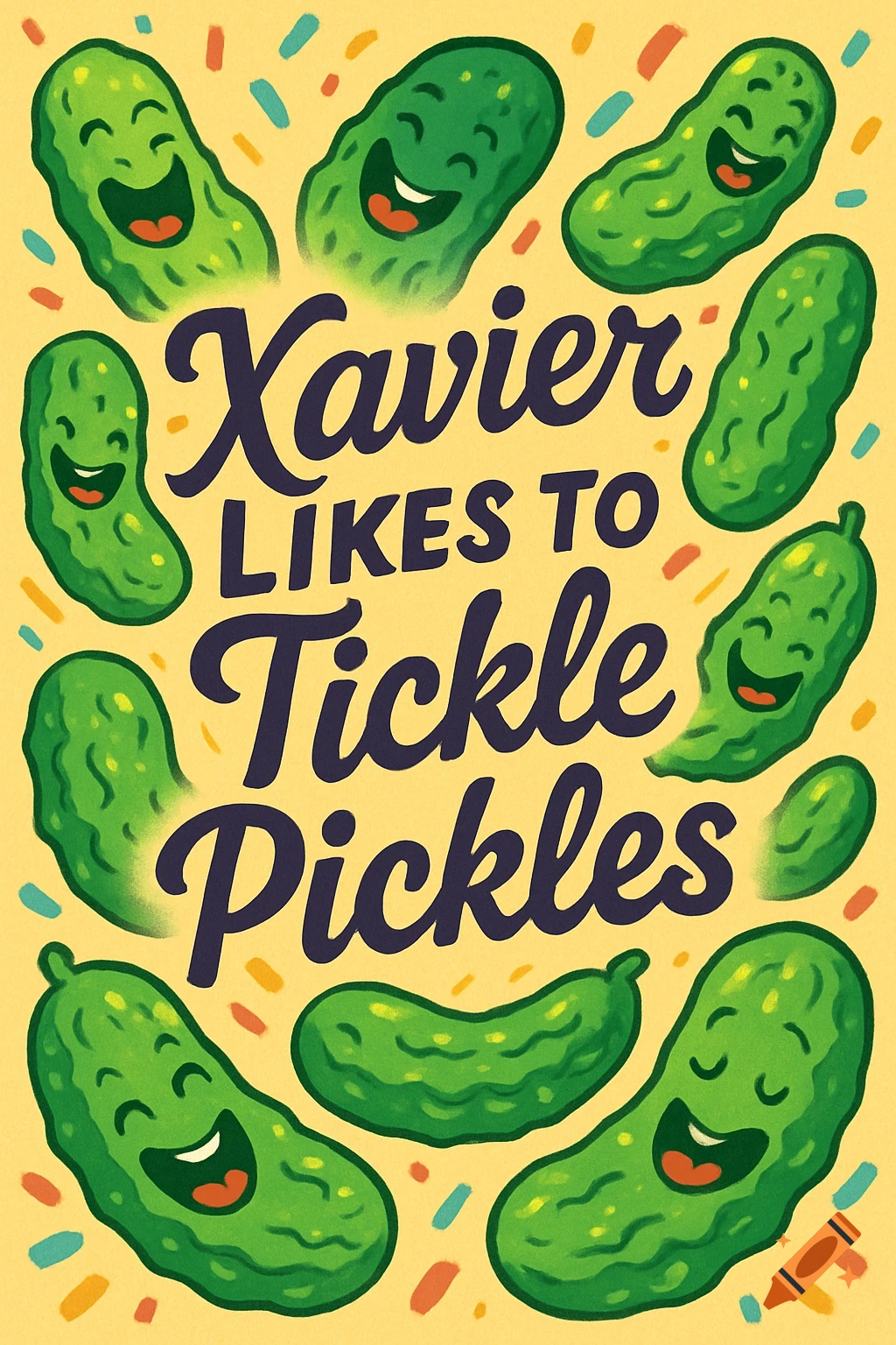 A playful cartoon illustration with multiple smiling green pickles on a yellow background, surrounding the text 'Xavier Likes To Tickle Pickles'.