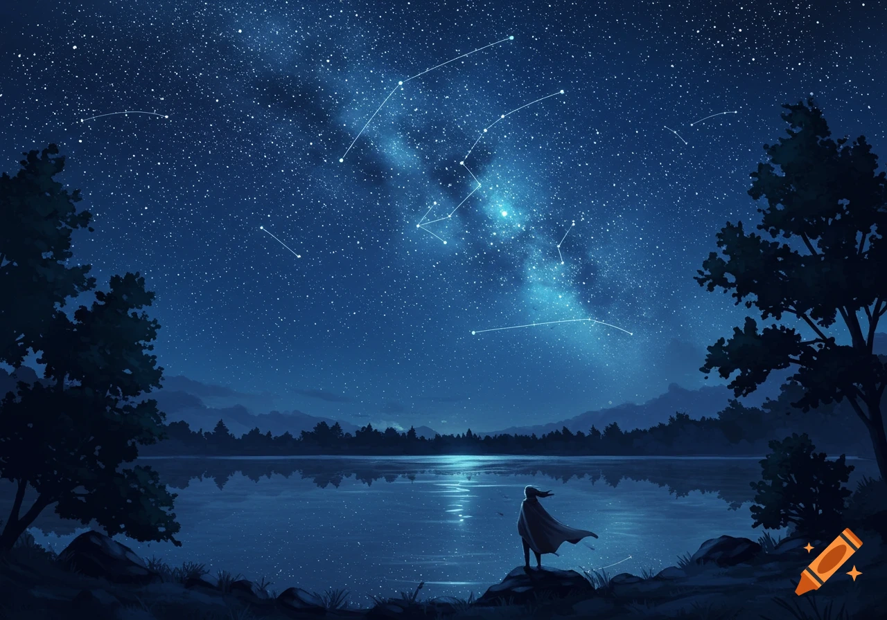 A lone figure in a cloak stands on a lake shore, gazing at a vibrant starry night sky with visible constellations and the Milky Way.