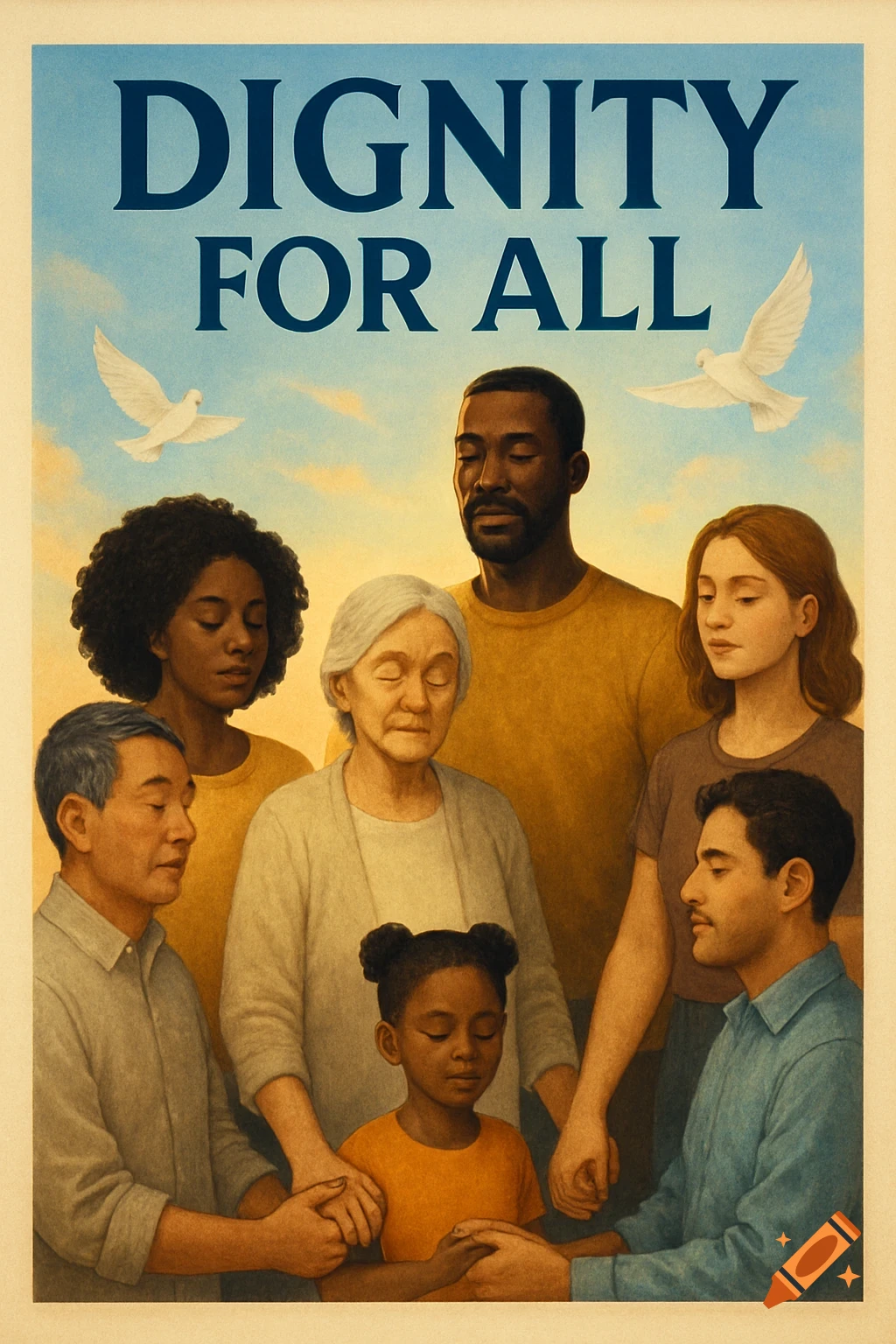 Illustrative poster of diverse people holding hands under "DIGNITY FOR ALL" text and doves in a blue sky, symbolizing unity.