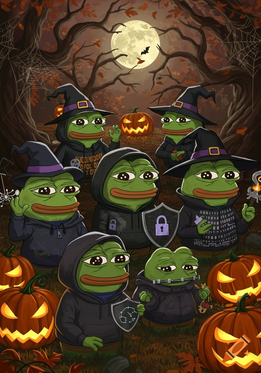 An illustration of multiple Pepe frogs in a spooky forest under a full moon, dressed in witch hats and information security-themed hoodies with glowing jack-o'-lanterns.