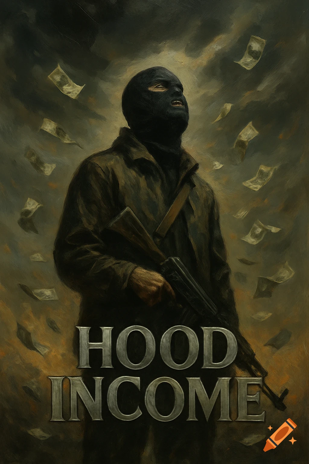A man in a ski mask holding a rifle stands under a stormy sky with money falling, text 'HOOD INCOME' below, in a dramatic digital painting.