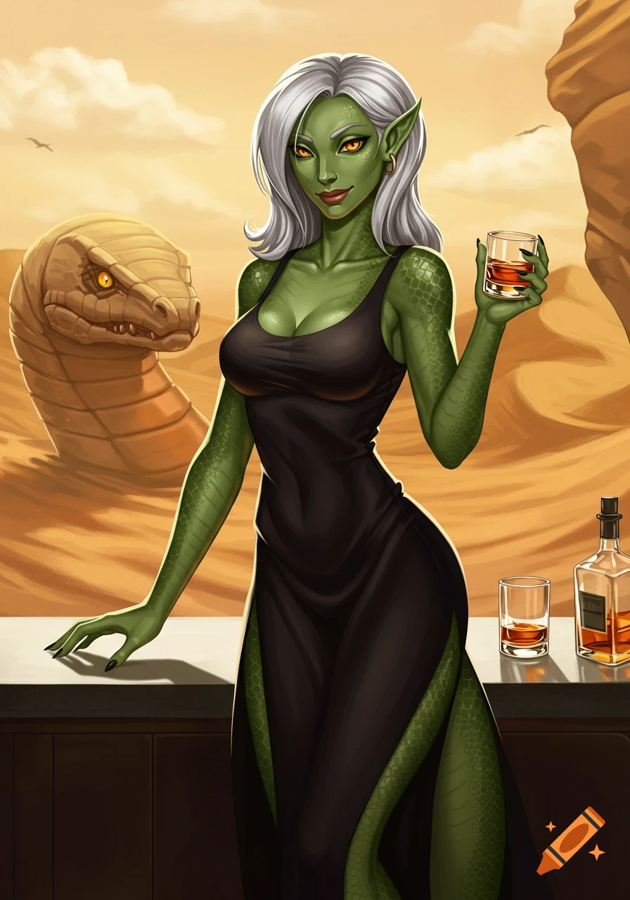 Digital illustration of a green-skinned Yuan-ti woman with silver hair, holding whiskey, with a sandworm in a desert background.