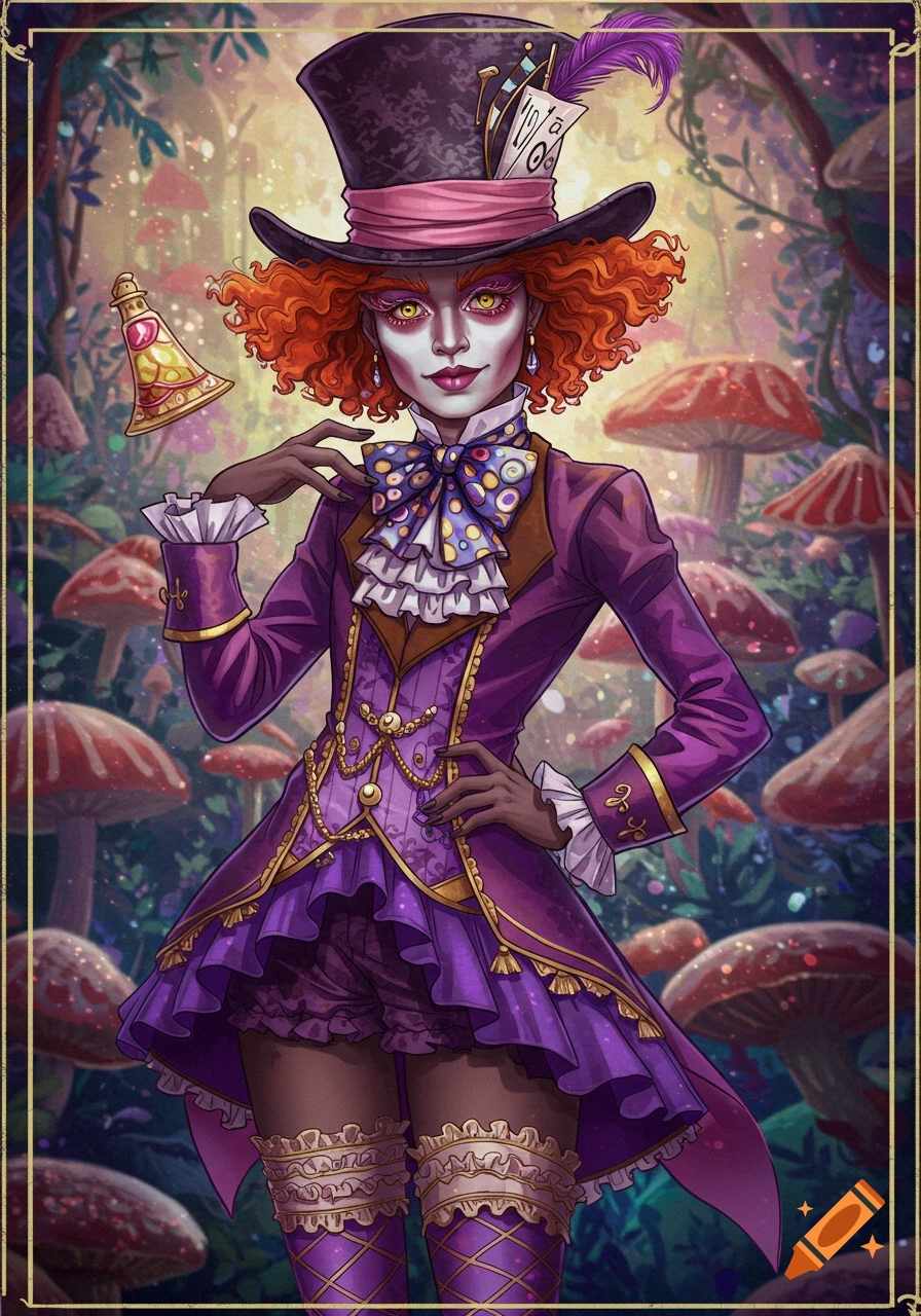 An androgynous Mad Hatter in a vibrant purple, ruffled outfit with a tall hat stands in a whimsical mushroom forest. Anime art style.