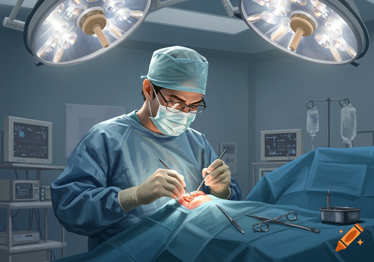 An illustration of a surgeon in an operating room, meticulously performing a procedure under bright surgical lights.