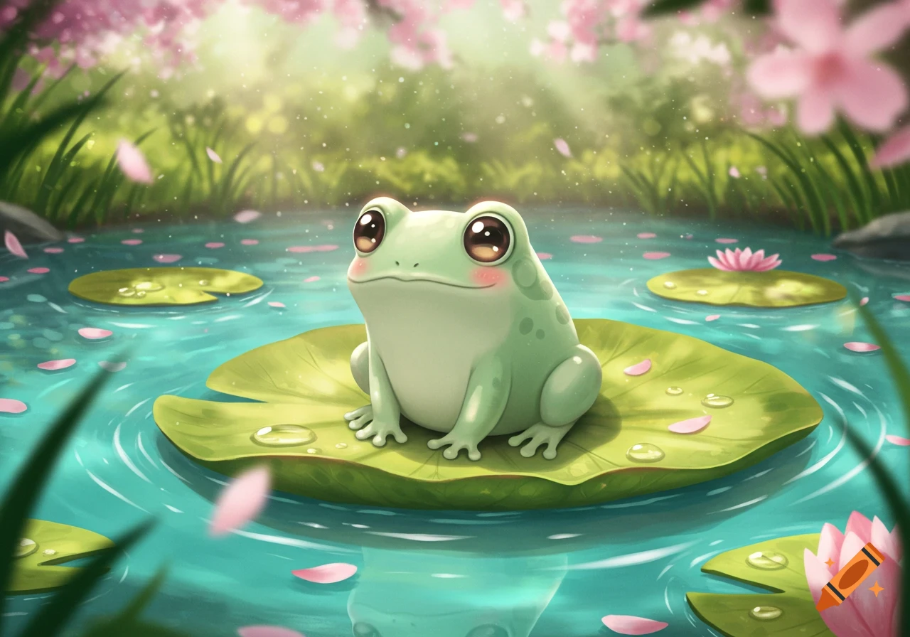 A cute, light green cartoon frog with big eyes and rosy cheeks sits on a lily pad in a pond, with pink petals falling around it.