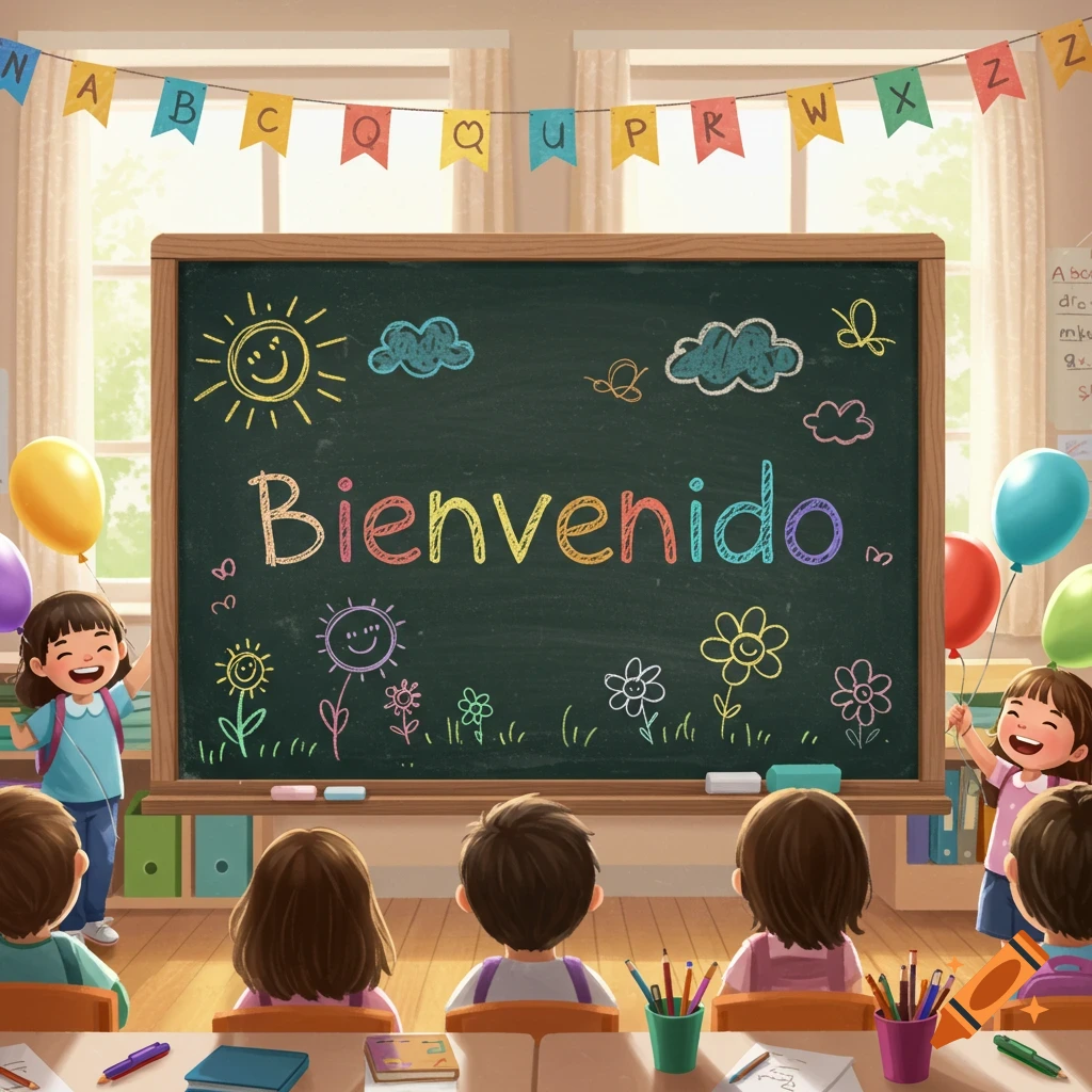 A cartoon classroom with children, colorful balloons, and a blackboard that says "Bienvenido" (Welcome).