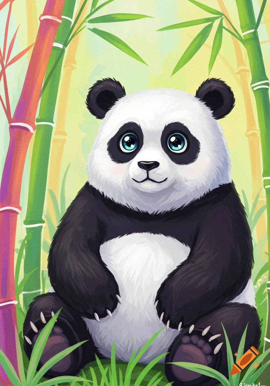 A cute, cartoonish panda bear with large blue eyes sits in a vibrant bamboo forest.