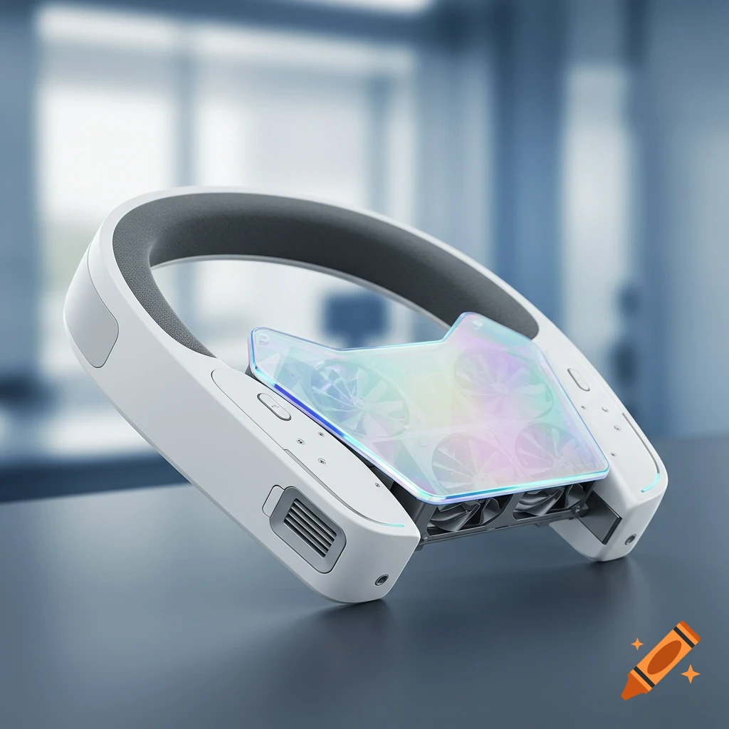 A white-based neck cooler with a transparent, iridescent cooling plate and visible fans, on a dark surface in a blurred office setting.