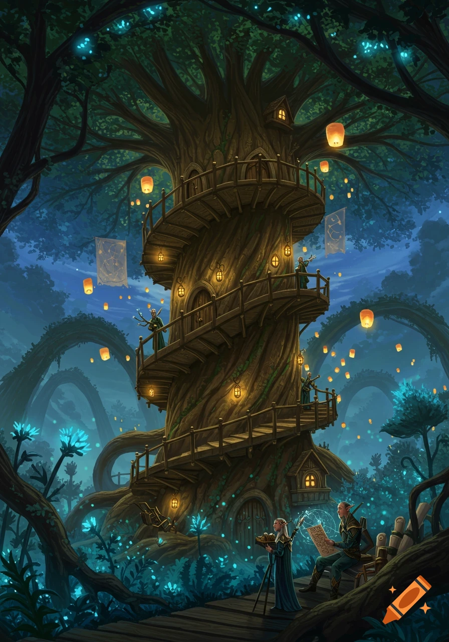 A grand fantasy tree dwelling with a spiral staircase, glowing lanterns, and elven scholars studying at night in a magical forest.