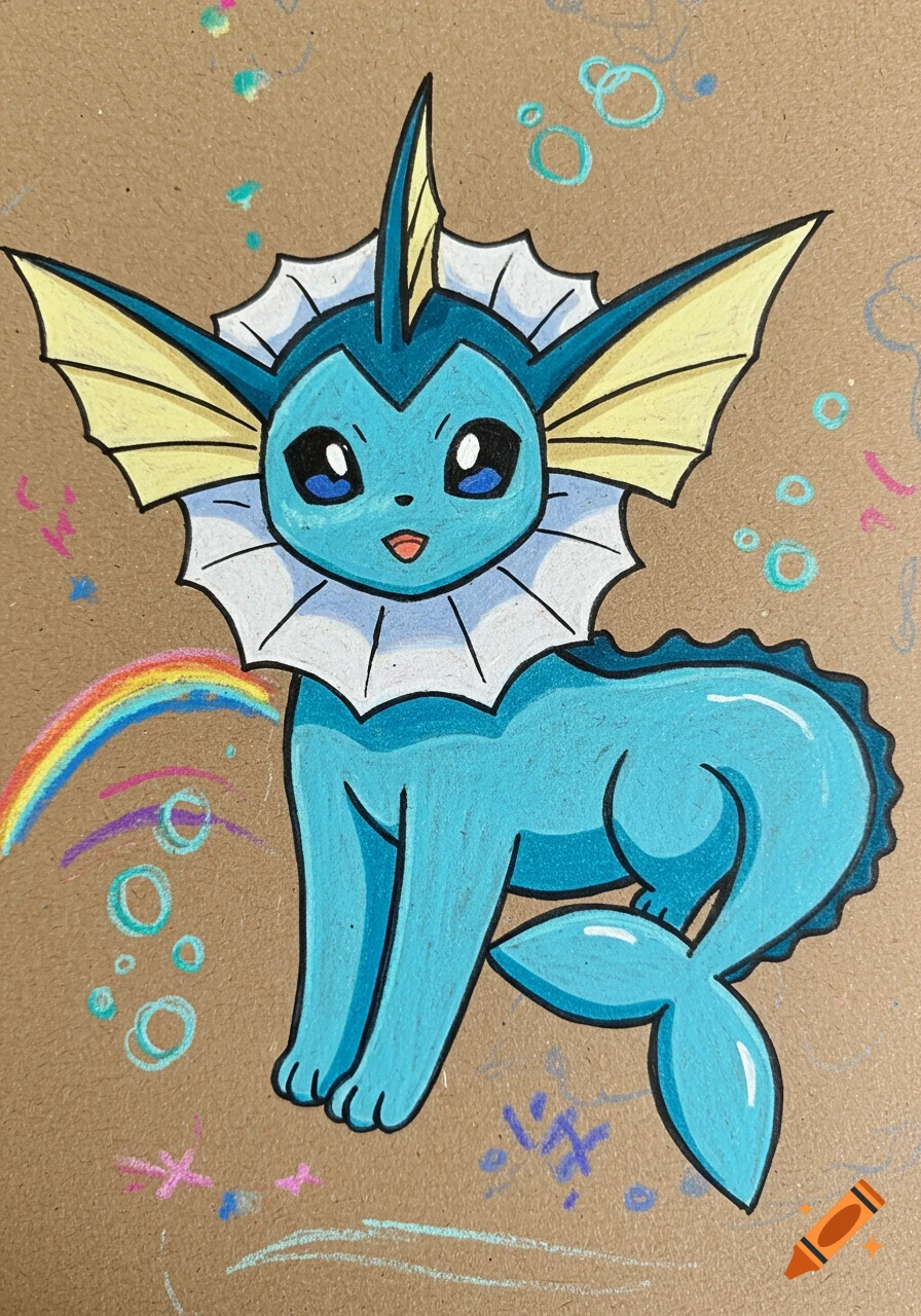 A cute Vaporeon from Pokemon, depicted as a child's crayon drawing on brown craft paper with a rainbow and bubbles.